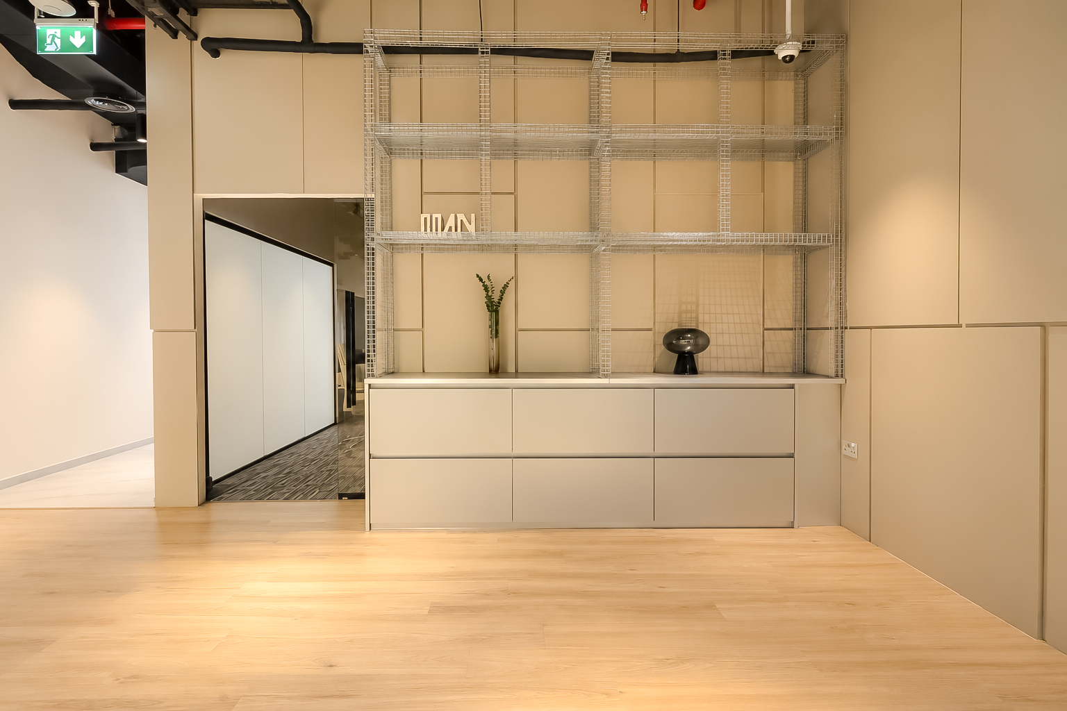 Custom millwork and wire-grid shelving