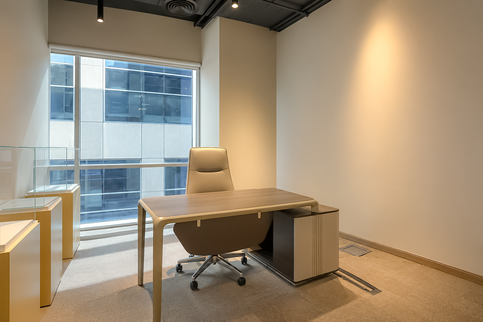 Office with window light and display cases