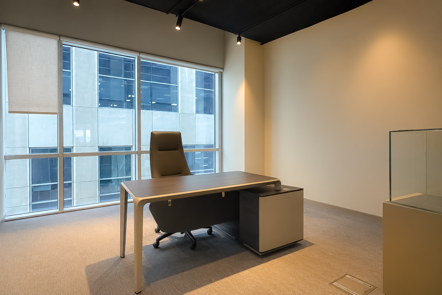Executive office beside a grid of tower windows