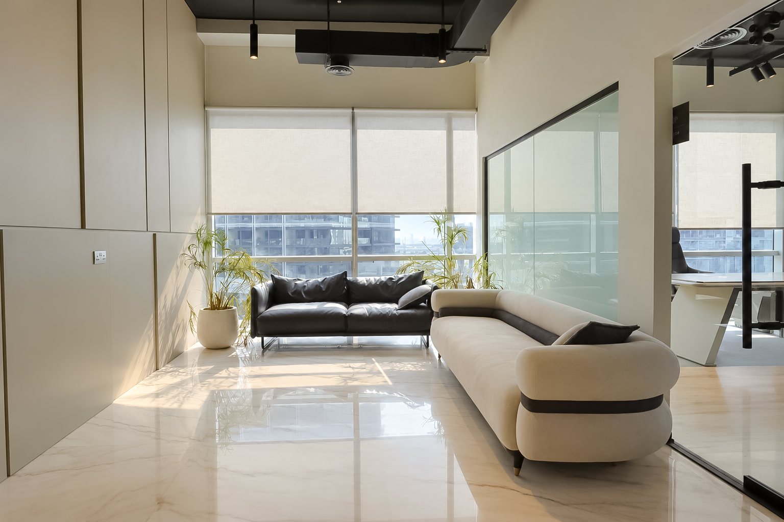 Executive salon with marble floors and city light