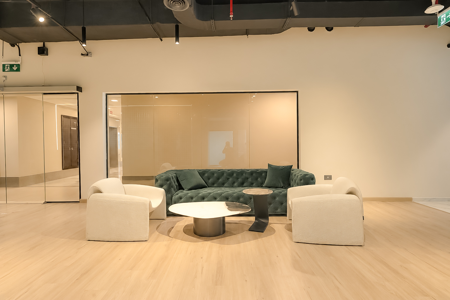 Guest lounge against frosted glass